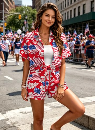 Image of Women 4th of July Outfit 2 Piece Set Short Sleeve Button Down Shirt and Shorts American Flag USA 250th Anniversary