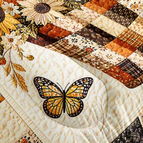 Image of AILONEN Sunflower Basket Twin Bedding Set 3 Piece, 1 Comforter + 2 Pillowcases, Golden Petals Butterflies Patchwork Quote Happiness Blooms from Within for Rustic Cottage Bedroom