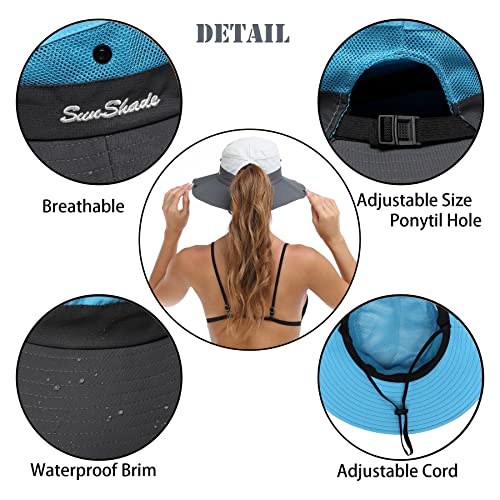 Image of Womens Summer Sun Hat Beach Hat Wide Brim Outdoor UV Protection Hat Foldable Cool Mesh Ponytail Bucket Hat