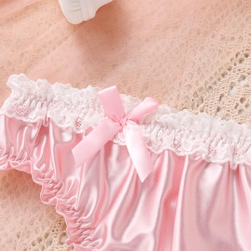 ABAFIP Men's Satin Frilly Lace Trim Sissy Bowknot Thong Panties Elastic Waist G-string Briefs Underwear4