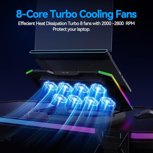 Image of ICE COOREL Gaming Laptop Cooling Pad with 8 Cooling Fans, Laptop Fan Cooler Pad for 15-17.3 Inch, Notebook Cooler Stand with 6 Height Adjustable, RGB Cooling Pad with Two USB Port + Phone Stand