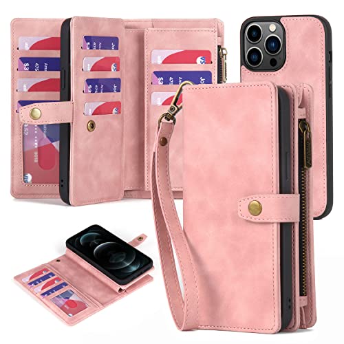 TwoHead for iPhone 12 Pro Max Wallet Case with 11 Card Holders,Pink