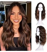 ANNISOUL Highlight Brown Short Wavy Wigs for Women 18Inch Bob Wave Wig Middle Part Synthetic Lace...