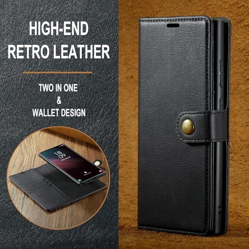 Image of Scalebee BackCover for Samsung Galaxy S23 Ultra Magnetic Detachable 2 in 1 Split Leather Wallet Phone Cover,Genuine Leather Wallet Case,Magnetic Pouch Shell (Black)