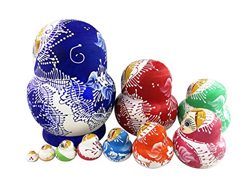 Set Of 10 Pieces Cute Colorful Blue Porcelain Pattern Big Belly Shape Handmade Wooden Russian Nesting Dolls Matryoshka Dolls For Kids Toy Birthday Home Decoration #TOP2