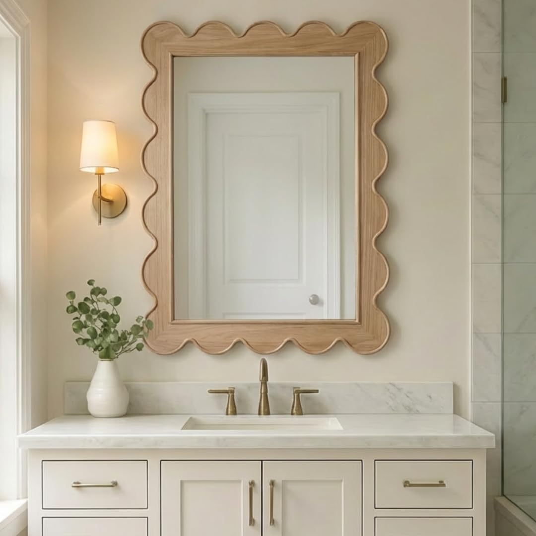 CAALMA Scalloped Wall Mirror 24 x 36 Rectangular, Bathroom Mirror, Mirrors for Wall Decor, Wooden Frame Mirrors for Wall, Decorative Vanity Mirror, Nursery Decor, Entryway Mirror, Wall Mounted Mirror