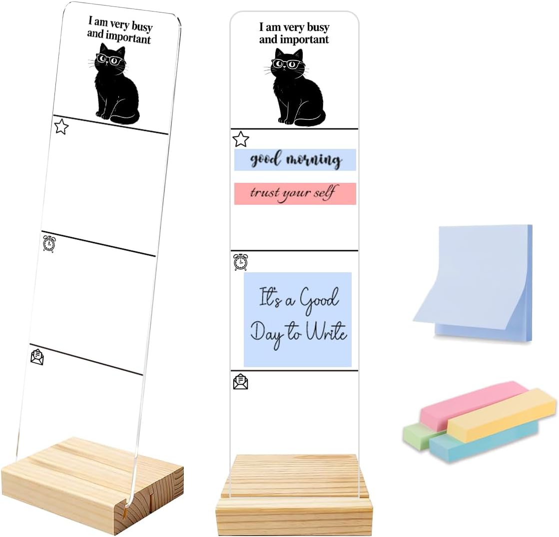 Monitor Memo Board, Sticky Note Holder, Sticky Note Board for Desk, Acrylic Desk Buddy with Wooden Base, Includes 200 Notes, Funny Cat “I Am Very Busy and Important”
