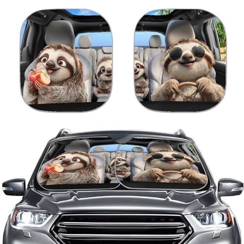 Image of 2 PCS Car Windshield Sun Shade Foldable Sloth Automotive Interior Accessories for Sun Protection Auto Sun Heat and UV Rays Blocker Fit Car Front Window for Trucks SUV Van