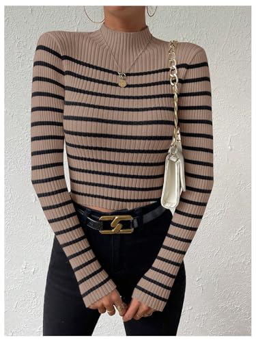 Image of MakeMeChic Women's Casual Rib Knit Striped Mock Neck Long Sleeve Pullovers Tops Slim Fitted Sweaters Brown Small
