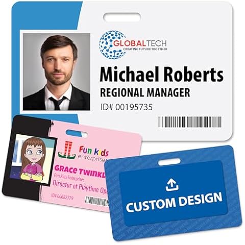 Custom Print Employee ID Badge, Double Sided with Name, Photo, Logo, and Barcode – Unique Photo ID Card Solution (ID Horizontal) Cover