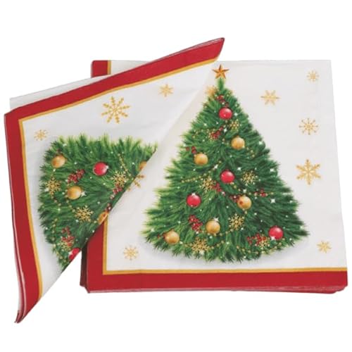 Tovaglioli di Carta Natalizi con Decoro Albero di Natale, Bianco Rosso Oro Verde, Confezione da 12 pz, 17cm
