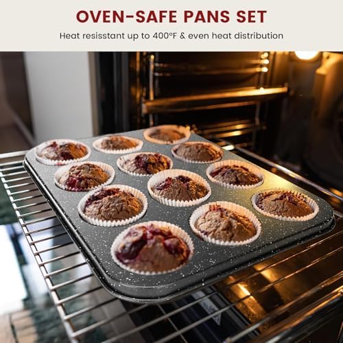 10-Piece Baking Pans Set, Bakeware Sets Nonstick, Baking Set for Oven Cooking, Stackable Carbon Steel Set Include Cookie Sheets, Muffin Pan, Cake Pan, Pizza Pan, Loaf Pan, Roasting Pan, Black - Thumbnail 4