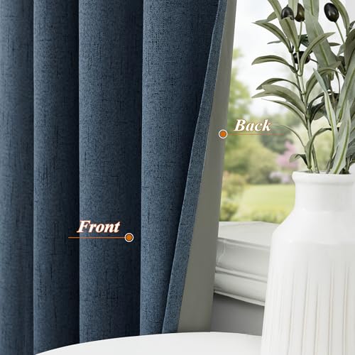 Image of 100% Blackout Linen Textured Curtains for Bedroom Full Light Blocking Room Darkening Bronze Grommet Window Drapes Thermal Insulated Energy Efficient Home Decor 52x108 Navy Blue (2 Panels)