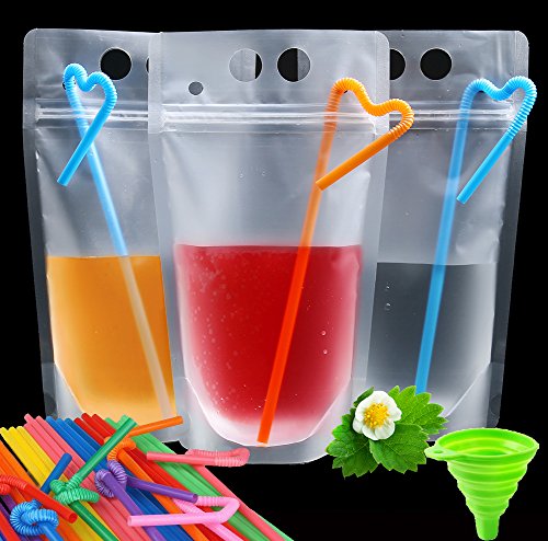 100 Pcs Smoothie Bags with Straws - No Leakage Drink Pouches Bags - Stand up Disposable Drink Container for Freezing Juice,Cold & Hot Drinks - Non-Toxic,BPA Free – 100 Straws & 1 Funnel Included