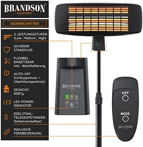 Bild 1 - Brandson - Heizstrahler mit Fernbedienung Outdoor Indoor - Elektro Infrarot Terrassenheizstrahler - 3 Leistungsstufen Heizelemente - LED Power Indikator - Wandhalterung - Balkon Garten Terrasse
