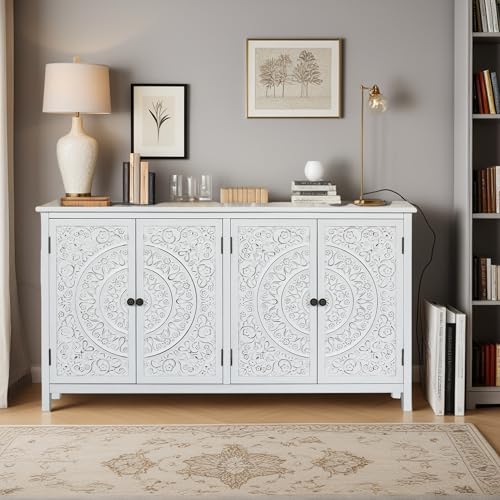 Image of 60 inch Antique White Solid Wood Buffet Cabinet - Carved Sideboard for Entryway, Accent Cabinet for Living & Dining Room