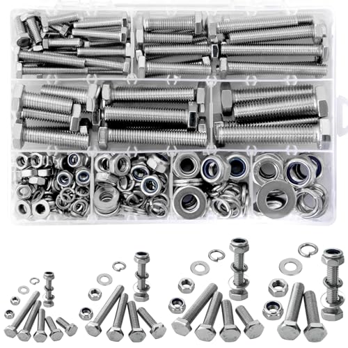 CYLBAQ 247PCS Nut and Bolt Sets M6 M8 M10 M12, Stainless Steel Hex Head Bolts Nuts Washers and Lock-nuts Set, Outer Corner Hexagon Machine Screws Bolt Assortment Kit