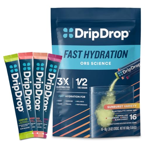 Image of DripDrop Hydration Packets - Sunburst Variety Pack - Single Serve Electrolytes Powder Drink Mix - Lemon Lime, Strawberry, Peach, Black Cherry - Non-GMO, Gluten Free, Vegan - 16 Sticks