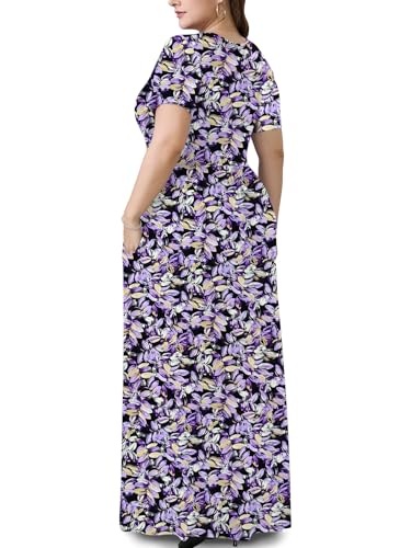 Image of PEVRL Plus Size Summer Maxi Dress for Curvy Women with Pockets 1X-5X | Short Sleeve, Twisted Front V-Neck, Summer Casual A Line Flowy Dress, Empire Waist Floral Print Beach Vacation Long Dress