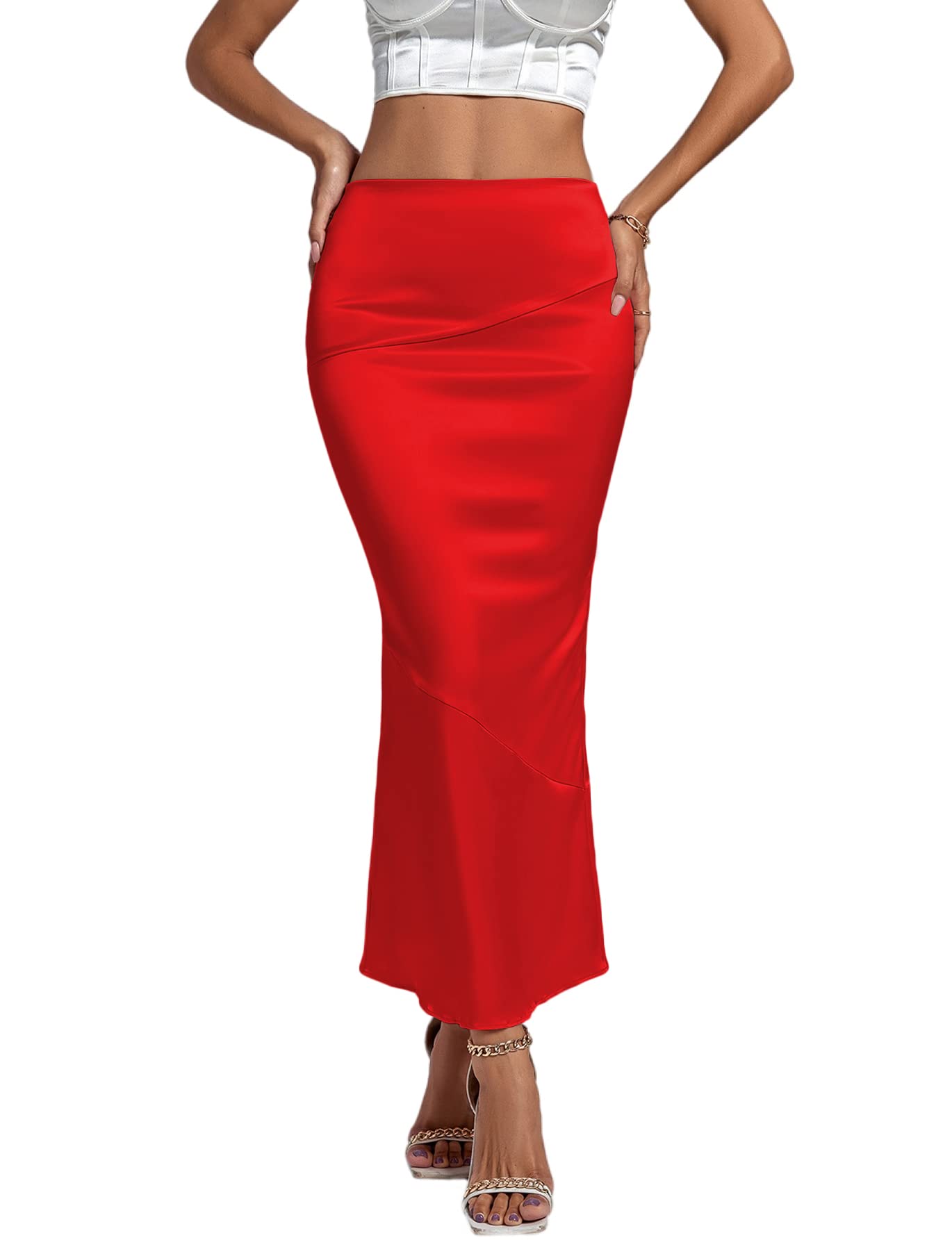 Photo 1 of Rooscier Women's Satin Silk Bodycon Split Back High Waist Elegant Club Maxi Skirt Solid Red X-Large