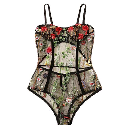 Atezch_ Women Sexy Sleepwear Bodysuit Embroidered Lace Teddy with Choker One Piece Mesh Babydoll Lingerie Set (Black, M)