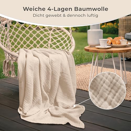 LAYNENBURG Colcha de Muselina Premium 180 x 220 cm - 100% algodón - Manta de algodón Extra Suave como Manta acogedora, Manta de Cama, Manta de sofá, Manta de sofá (Beige) - imagen 6