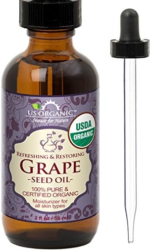 US Organic Grape Seed Oil, USDA Certified Organic, 100% Pure & Natural, Cold Pressed Virgin, Unrefined, in Amber Glass Bottle w/Glass Eye dropper for Easy Application (2 oz (56 ml))