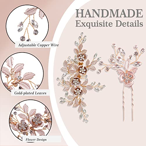 4 Pieces Bridal Rose Gold Hair Pin Wedding Hair Accessories Light Rose Gold Wedding Hair Comb Clips Rhinestone Hair Pins Hair Side Comb Crystal Flower Leaves Hair Barrette For Brides And Bridesmaids #TOP3