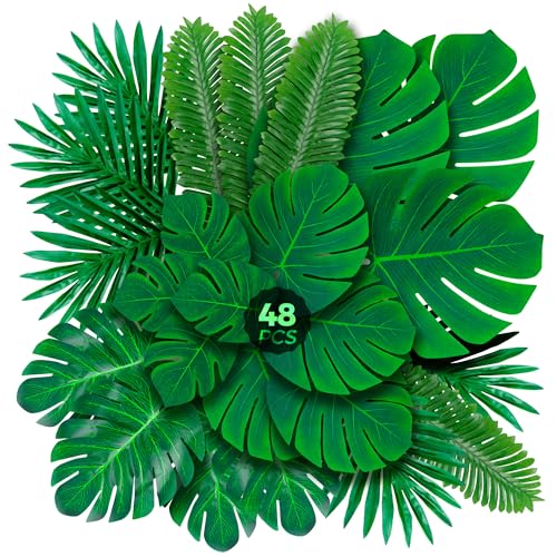 Decopom Palm Leaves Artificial Tropical Monstera - 48 Pack 6 Kinds Large Small Green Fake Palm Leaf with Stems for Safari Jungle - Thumbnail 3