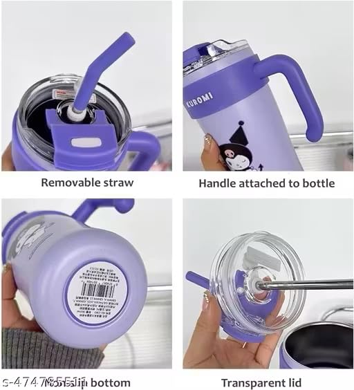 Image of Cute Cartoon Straw Tumbler 860ml with Handle | Doublewall-Reusable Sipper Cup with Lid for Kids & Teens | Lightweight Drinking Mug for Water, Juice & Milk (Blue)