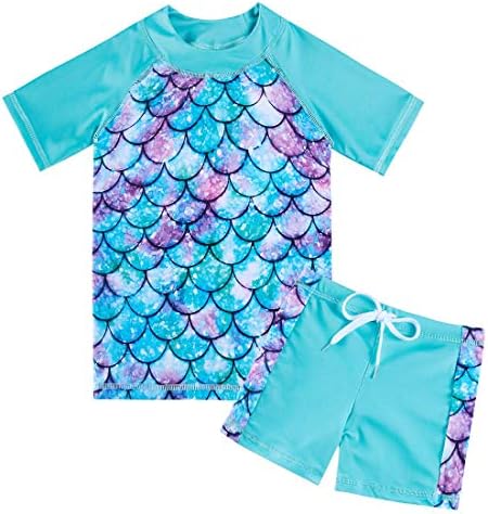 Little Girls Rashguard Set Mermaid Swimsuit Size 7-8 Short Sleeve Swimwear Quick Dry Pool Swimwear with Elastic Waist