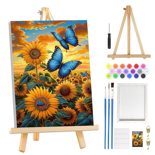 MOGTAA Sunflowers Paint by Numbers Kit for Adults Beginners with Frame, Butterfly Adult Paint by Number Kits on Canvas with Easel, Easy DIY Oil Painting Kits for Home Decor, 8x12in