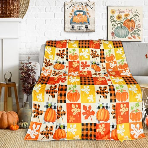 Herbst-Überwurfdecke für Couch, 127 x 152,4 cm, gemütliches Flanell-Herbst-Kürbis-Ahornblatt und karierte Herbstdecken und Überwürfe, Dekoration, Geschenke für Frauen und Mädchen