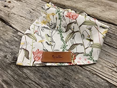 Personalized Dog Bandana, Stemmed Flowers, Stitched Leather Name Tag, Personalized Name, Bandanas For Dogs, Over The Collar Dog Bandana (Sizes: Xxsmall - Xxlarge) #TOP3