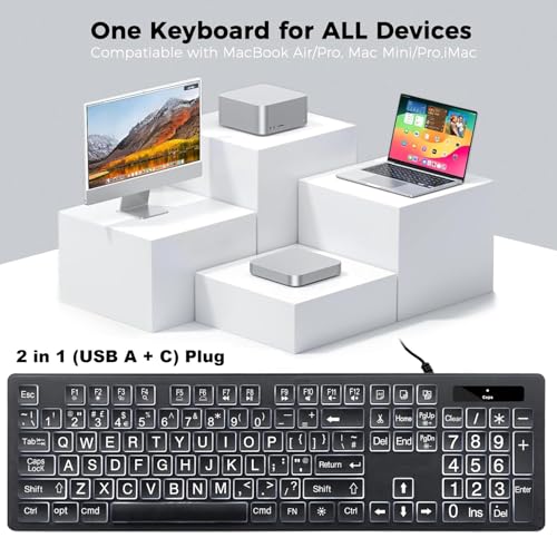 大文字 ホワイトLEDバックライト キーボード – US QWERTY（英語配列）、Appleコンピューター専用、明るさ調整＆呼吸灯モード、USB-A & USB-C接続、テンキー付きフルサイズ有線キーボード (QWERTY)