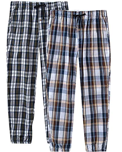 JINSHI Pantalones Pijamas Largos Algodón a Cuadros Hombre Casual Pantalones de Estar con Bolsillos 2 Pack M