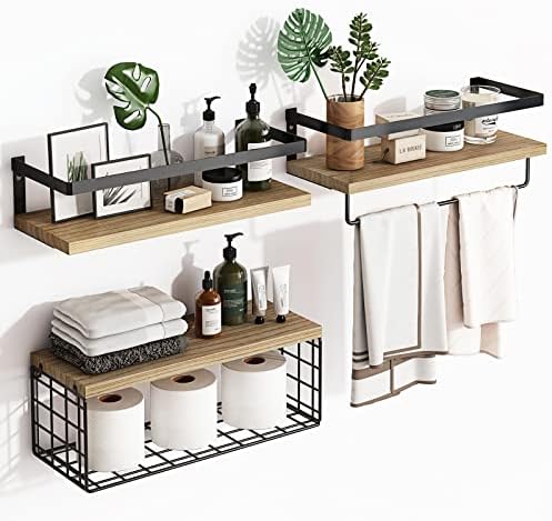 Fixwal 3+1 Tier Wall Mounted Floating Shelves with Metal Frame, Rustic Wood Bathroom Shelves Over Toilet with Wire Storage Basket and Towel Bar for Bathroom, Kitchen, Bedroom (Rustic Brown)