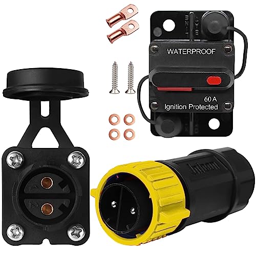 GaiRen Trolling Motor Plug and Circuit Breaker 60Amp Kit, Trolling Motor Connector with Receptacle 12/24/36/48 Volt Marine Boat Power Waterproof IP67 Compatible with 8/10 AWG Wire Yellow