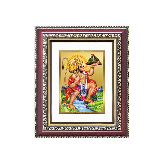 Image of DIVINITI Hanuman Carrying Sanjeevani Mountain 24K Gold Plated Foil Wall and Tabletop Photo Frame for Home Decor, Puja Room, Luxury Gifting | DG Frame 105 S1 (16x13.5 CM)