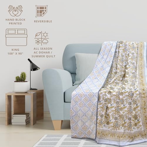 Image of TOAIArt Premium Jaipuri Dohar | AC Blanket Summer Quilt | Hand Block Printed | 3 Layers | Reversible | 150GSM 100% Mulmul Cotton | 100% Cotton Flannel Filling | King 108 inch X 90 inch | Autumn Leaves
