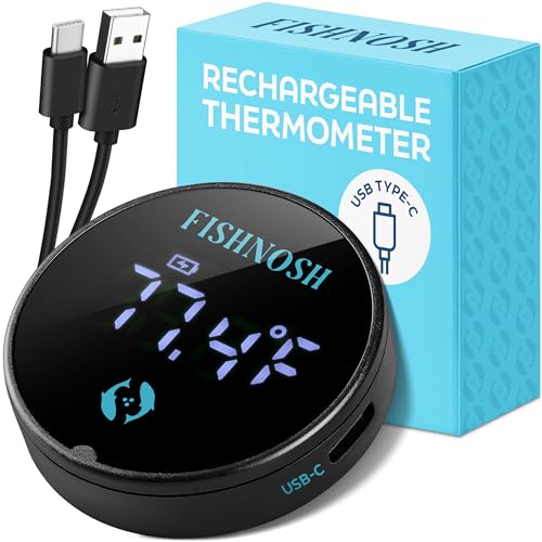 FISHNOSH Aquarium Thermometer | Rechargeable USB Type-C Fish Tank Thermometer w/Glowing Digits, Battery Indicator, Smart Sensor Positioning | 2.5” x 0.5” Fish Tank Temperature Gauge w/Charging Cable