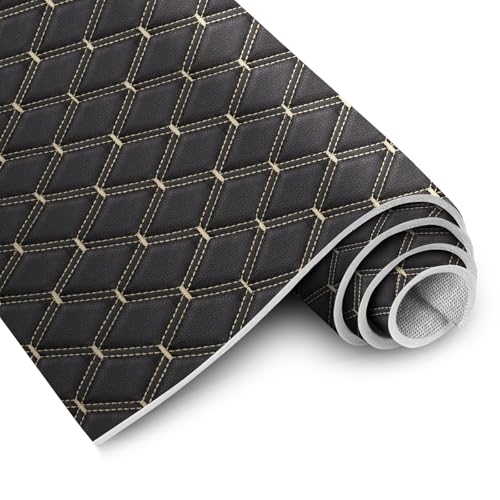 Image of 3 Yard Vinyl Faux Leather Fabric Quilted Foam Backed,63 inch Wide Double Stitching Headliner Upholstery,Diamonds Pattern DIY Upholstery,Black Beige