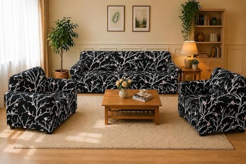 Image of Gifts Island Sofa Cover 3 Seater and 2 Seater Fully Covered Universal 5 Seater Sofa Cover Non-Slip Sticky Elastic Stretchable Sofa Set Slipcover Protector for (3+1+1 Seater), Black Stem