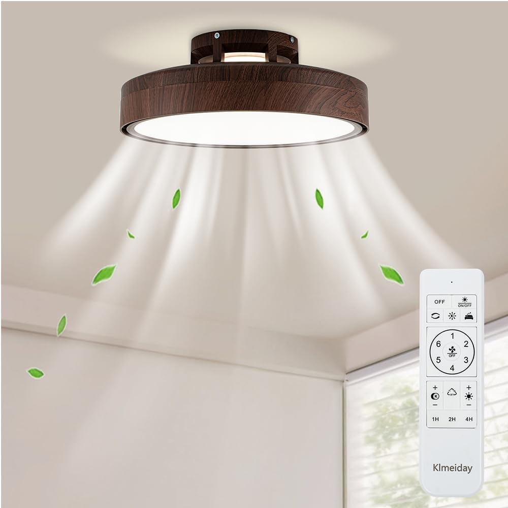 Ceiling Fans with Lights and Remote, Flush Mount Modern Bladeless Ceiling Fan with Light, 6 Speeds, Stepless dimming and CCT 3000K-6000K LED Lights for Bedroom, Study Room (Walnut, 20.1″)