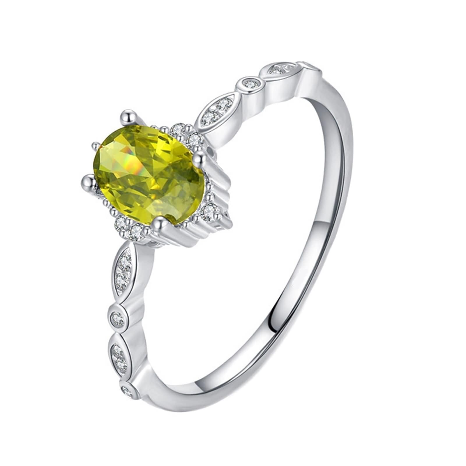 Beydodo Anillos de Matrimonio Mujer de Oro Blanco 9 14 18 K con 5x7mm Ovalado con Peridoto Creado, Anillos Mujer de Boda Plata