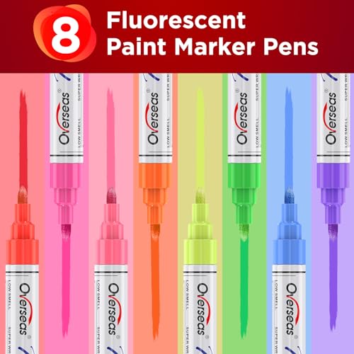 Overseas Neon Fluorescent Paint Marker Pens - 8 Colors Oil-Based Paint Markers, Medium Tip, Quick Drying and Waterproof Permanent UV Marker for Plastic, Glass, Rock, Wood, Canvas, Metal, Pumpkin - Thumbnail 2