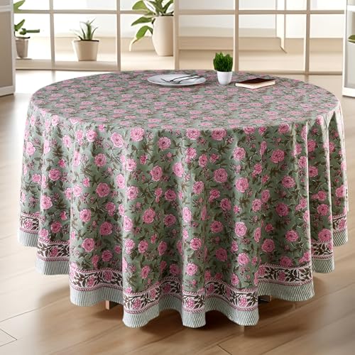 CPC Pink Tourmaline Block Print Cotton Tablecloth Round 120 Inch Home Decor