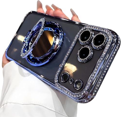 Sitthyw Funda transparente para iPhone Air con espejo de maquillaje, anillo magnético, soporte para teléfono móvil, brillante diamante iPhone Air, funda de TPU de lujo, antigolpes, color azul