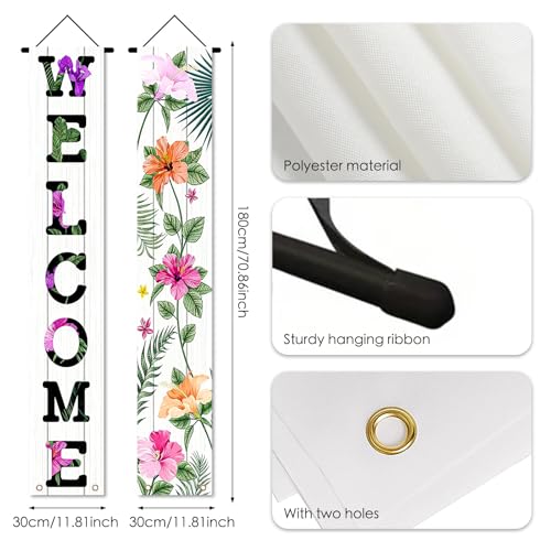 Image of Nuxovilar Front Door Porch Sign Entrance Banner Set 12x71in Polyester | Entrance Decor Hanging Poster Summer Wall Tapestry Garden Porch Outdoor Area (Tropical Welcome)