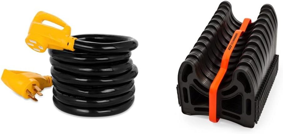 Camco Heavy-Duty 50-Amp RV Extension Cord 15-Foot (55194) & Sidewinder RV Sewer Hose Support | Made from Sturdy Lightweight Plastic | Curve Around Obstacles and Won't Creep Closed | 20 Feet, Black